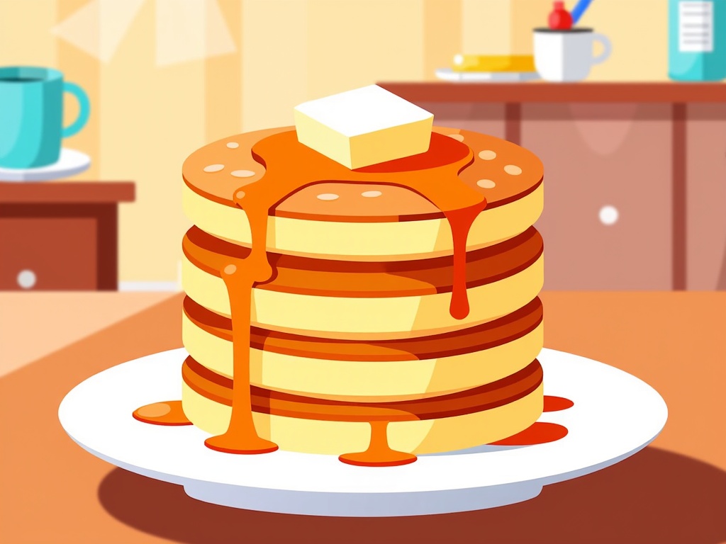  a stack of pancakes on a white plate. The pancakes are golden brown and appear to be freshly made. On top of the stack, there is a small block of butter. The syrup is dripping down the sides of the pancakes. The plate is on a wooden table with a blue mug and a bottle of syrup in the background. The overall color scheme of the image is warm and inviting.