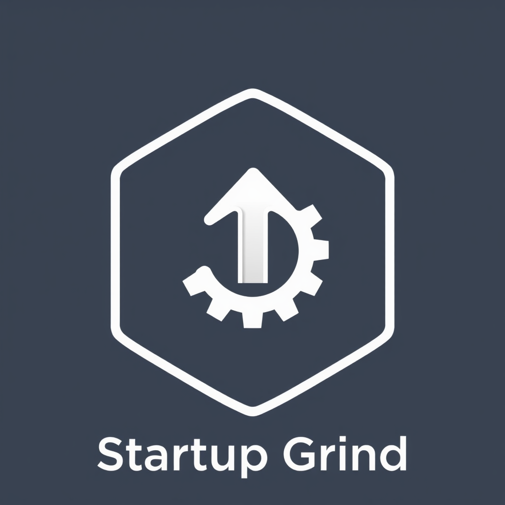 Simple Logo Idea: A minimalist circular or hexagonal emblem containing a clean, stylized upward arrow (startup icon) fused with a subtle, partial gear segment (grind icon) making a single, unified mark. 'Startup Grind' text in a modern sans-serif font below.