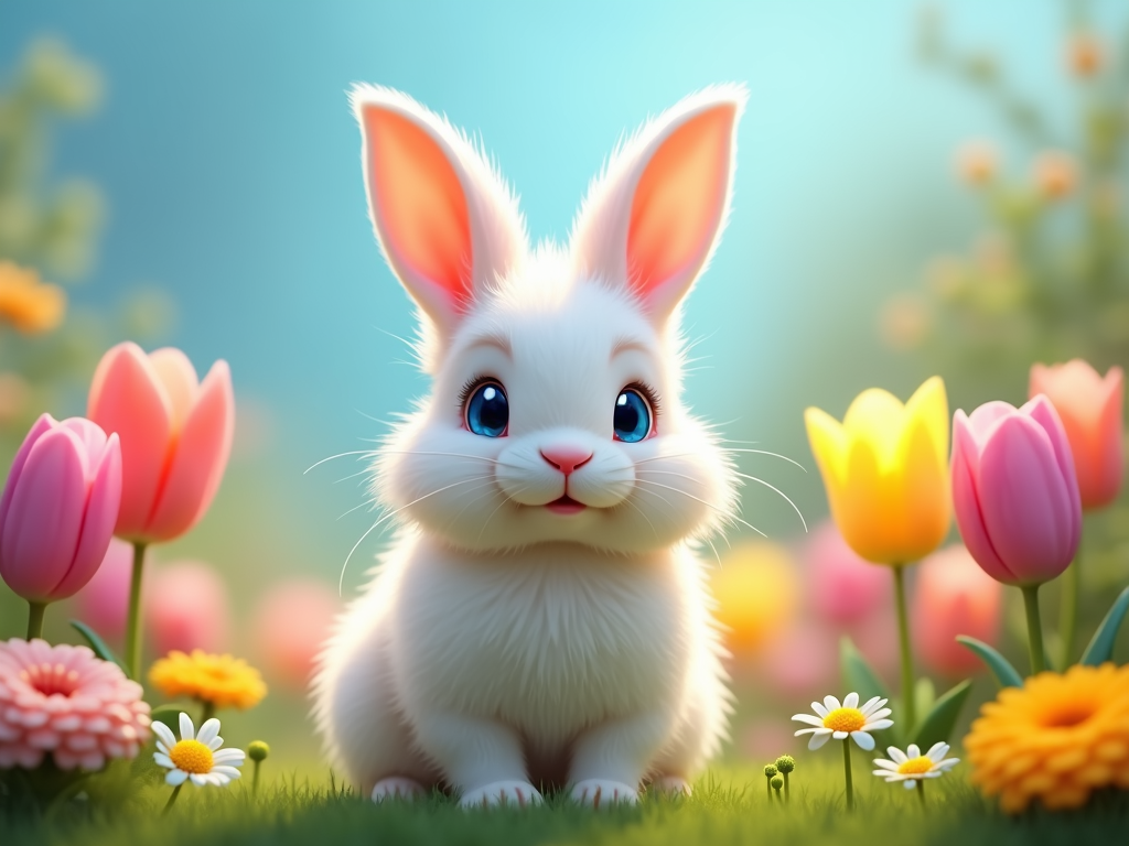 The image is a digital illustration of a cute white bunny with pink ears and blue eyes sitting in a field of colorful tulips and daisies. The bunny is sitting on a patch of green grass and is looking directly at the camera with a curious expression. The background is blurred, but it appears to be a garden or meadow with a blue sky. The tulips are in various shades of pink, yellow, and orange, and there are also some yellow and white daisy flowers scattered throughout the field. The overall mood of the image is cheerful and playful.