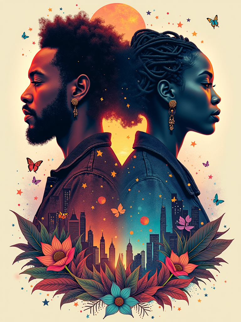 Intertwined Elements: Kendrick's side features visual representations of sharp lyrical structures (e.g., geometric patterns, cityscapes) blending into SZA's side with flowing melodic visuals (e.g., soundwaves, natural elements, nebulae). Their silhouettes facing back-to-back or profiles merging.
