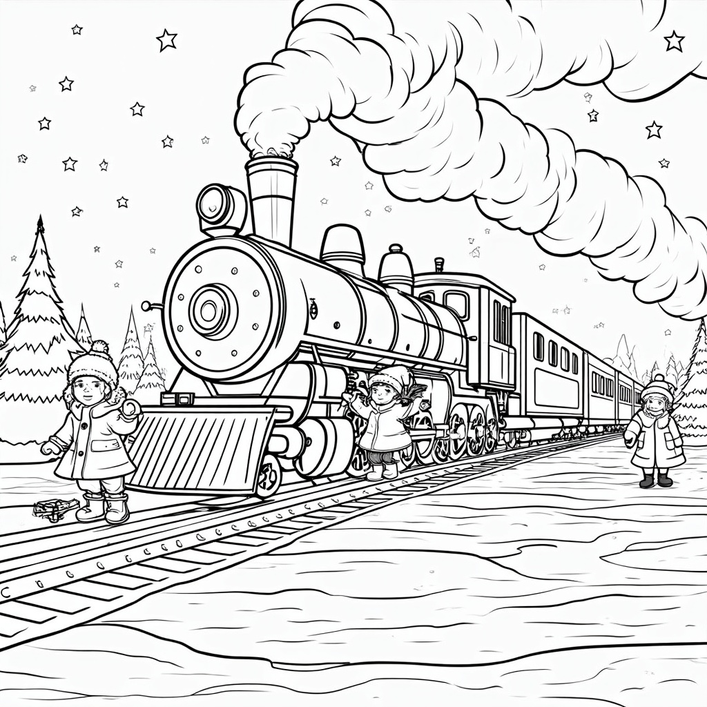 The image shows a sketch of a train on a railway track with people standing on it, surrounded by trees and stars in the background. The train is emitting smoke, giving the image a festive Christmas feel.