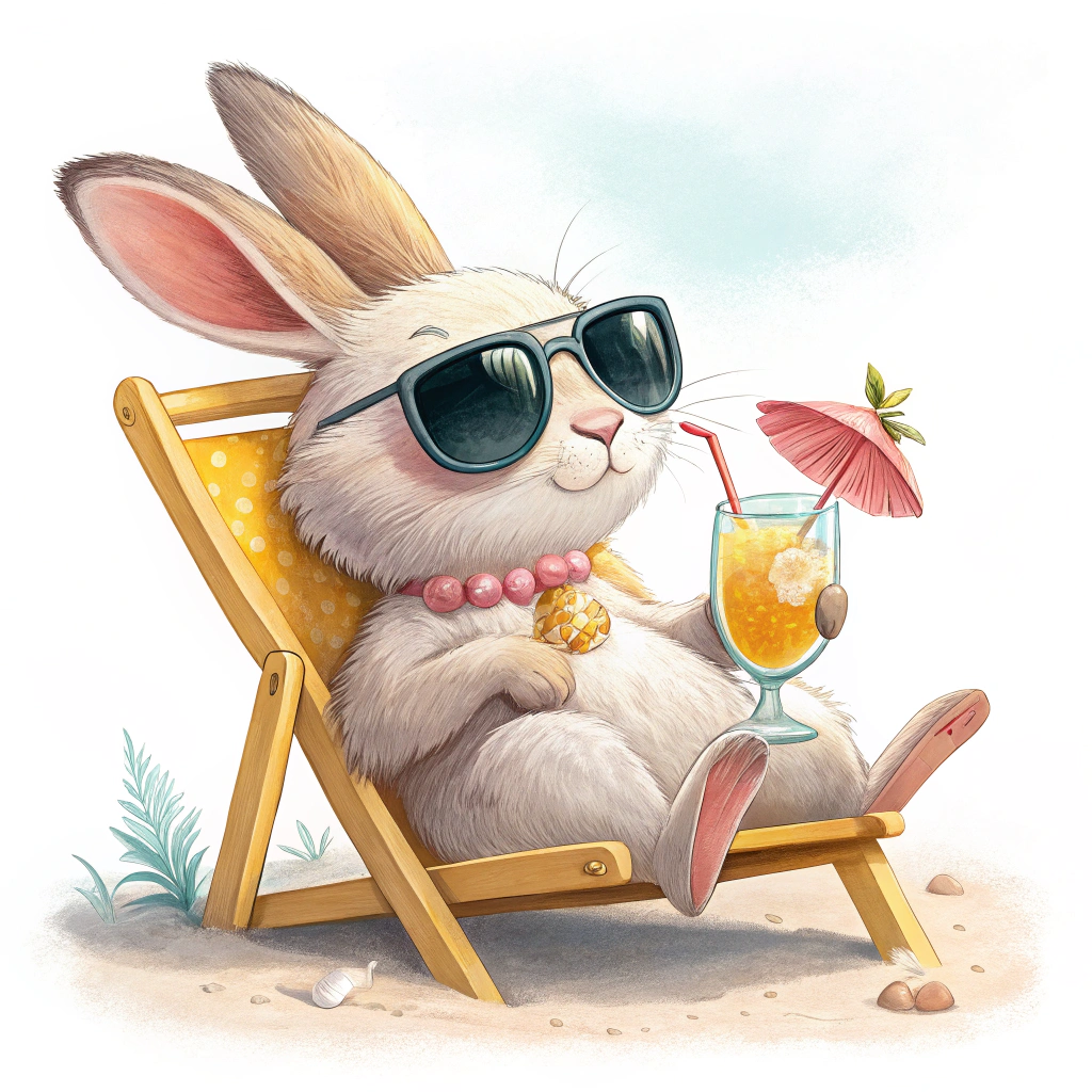 A sticker with a cute bunny wearing sunglasses, relaxing on a beach chair with a cocktail, celebrating Easter Monday.