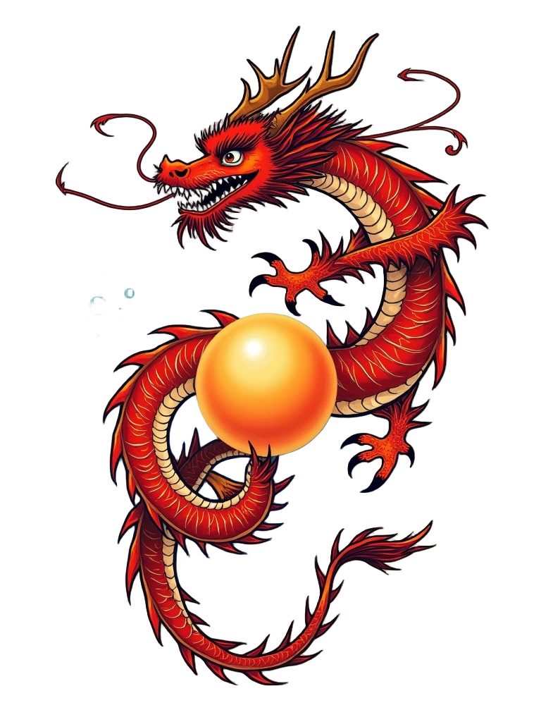 A Chinese dragon tattoo dancing across a ribcage, its whiskers flowing and body rippling with motion as it circles a glowing pearl.