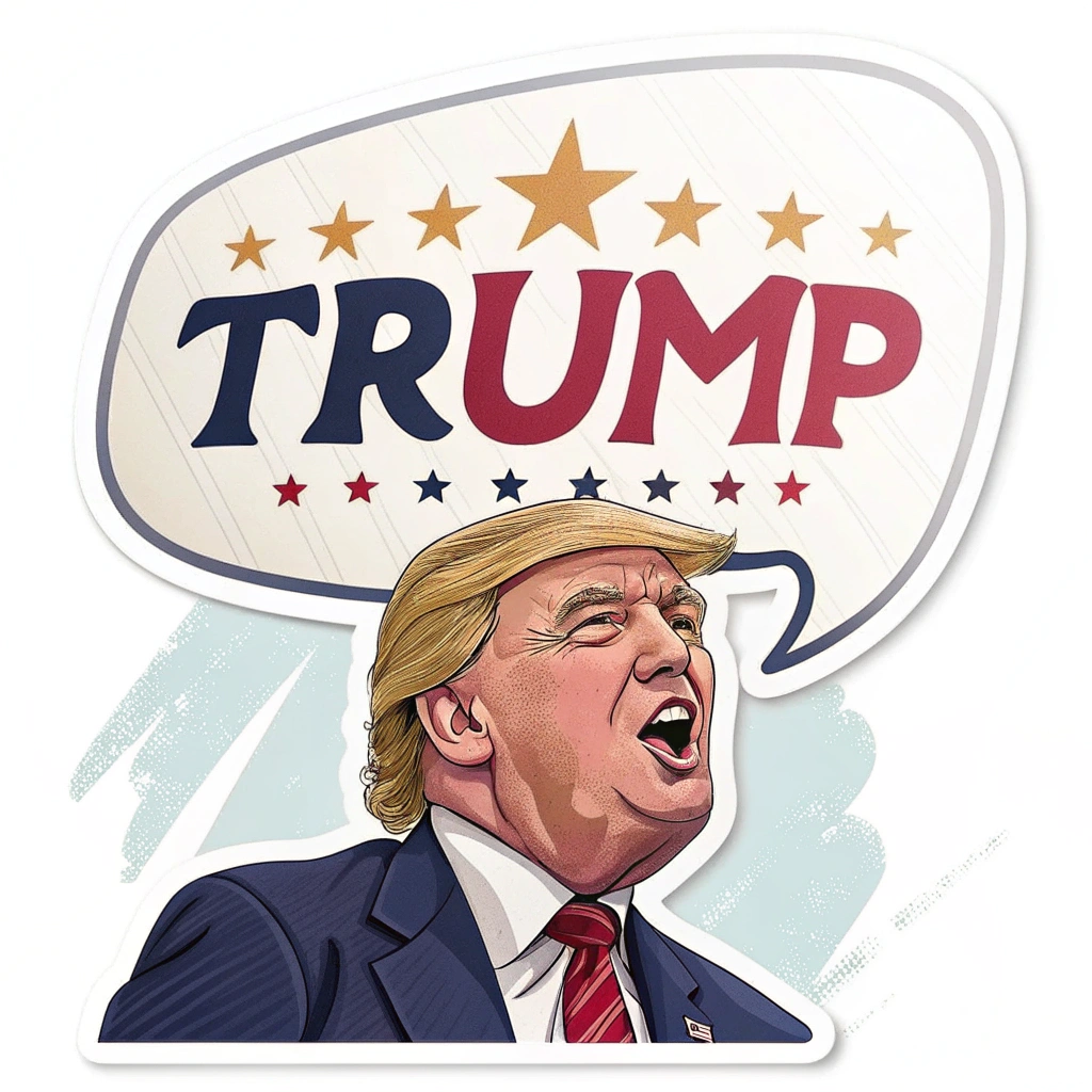 A sticker showing a cartoon-like image of Trump with a speech bubble containing one of his famous quotes or catchphrases.