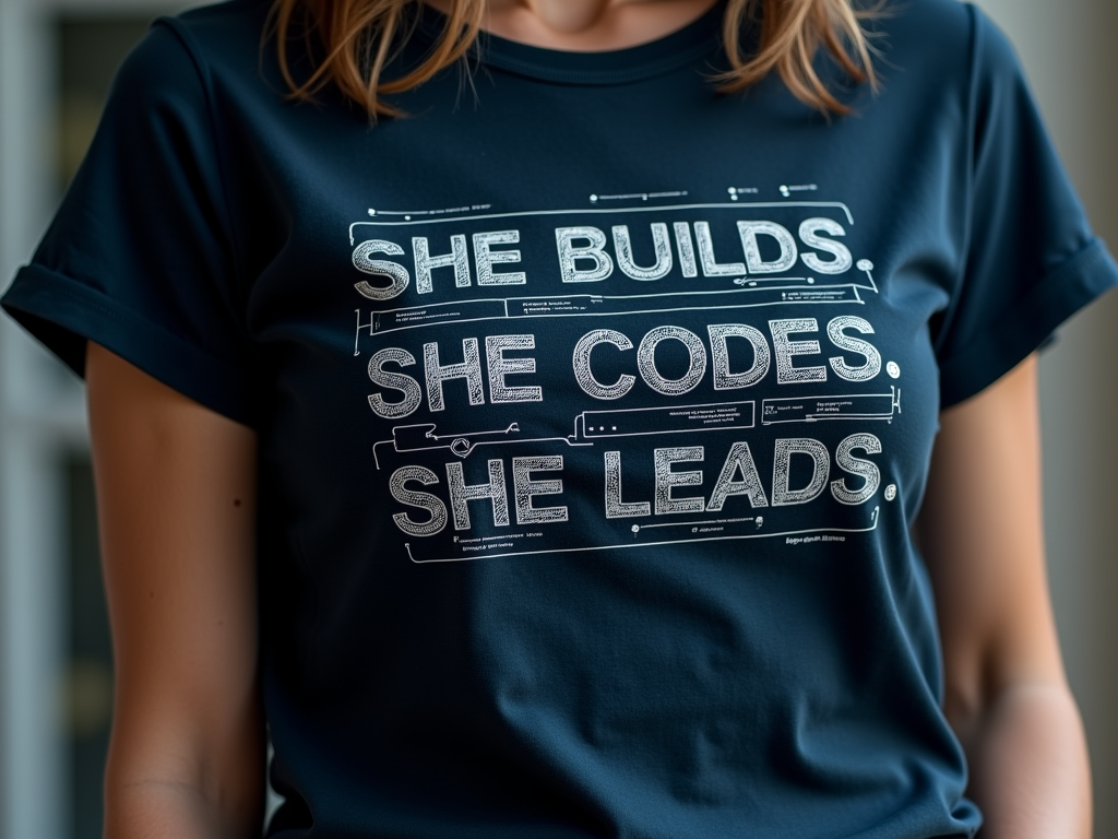 Blueprint/Schematic Style: Design the T-shirt graphic to mimic a technical blueprint or an electronic schematic. The tagline 'She Builds. She Codes. She Leads.' could be presented as project goals, with illustrative icons or line drawings representing each action in a blueprint style (e.g., white lines on a dark tee, or vice-versa).