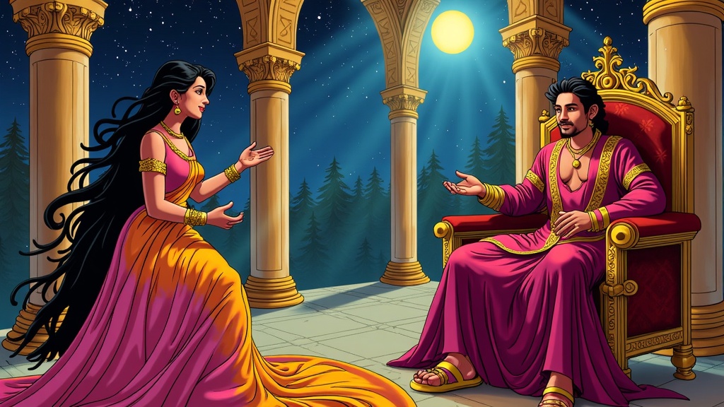 Scheherazade telling stories to King Shahryar: Illustrate Scheherazade mid-story, captivating the enthroned King Shahryar, with opulent palace details and moonlight streaming through a window.