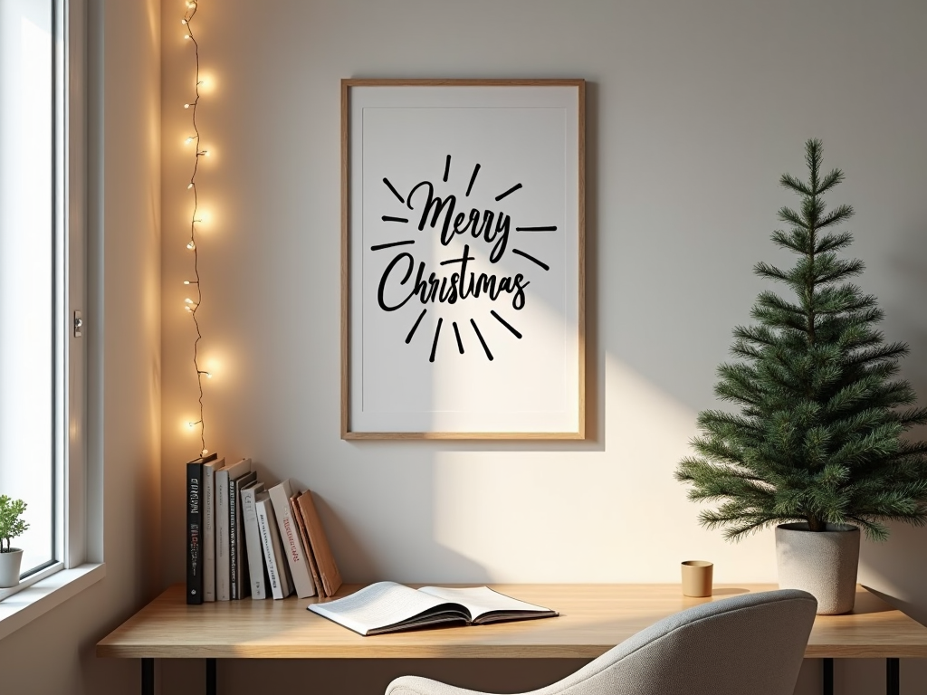 A corner of the study decorated with minimalist holiday decor, featuring a sleek black and white Christmas print, a string of warm lights, and a small potted pine tree, offering a subtle seasonal touch.