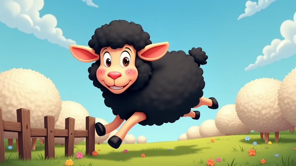 The image shows a cartoon black sheep jumping over a wooden fence in a field of lush green grass and colorful flowers. The sky in the background is filled with fluffy white clouds.