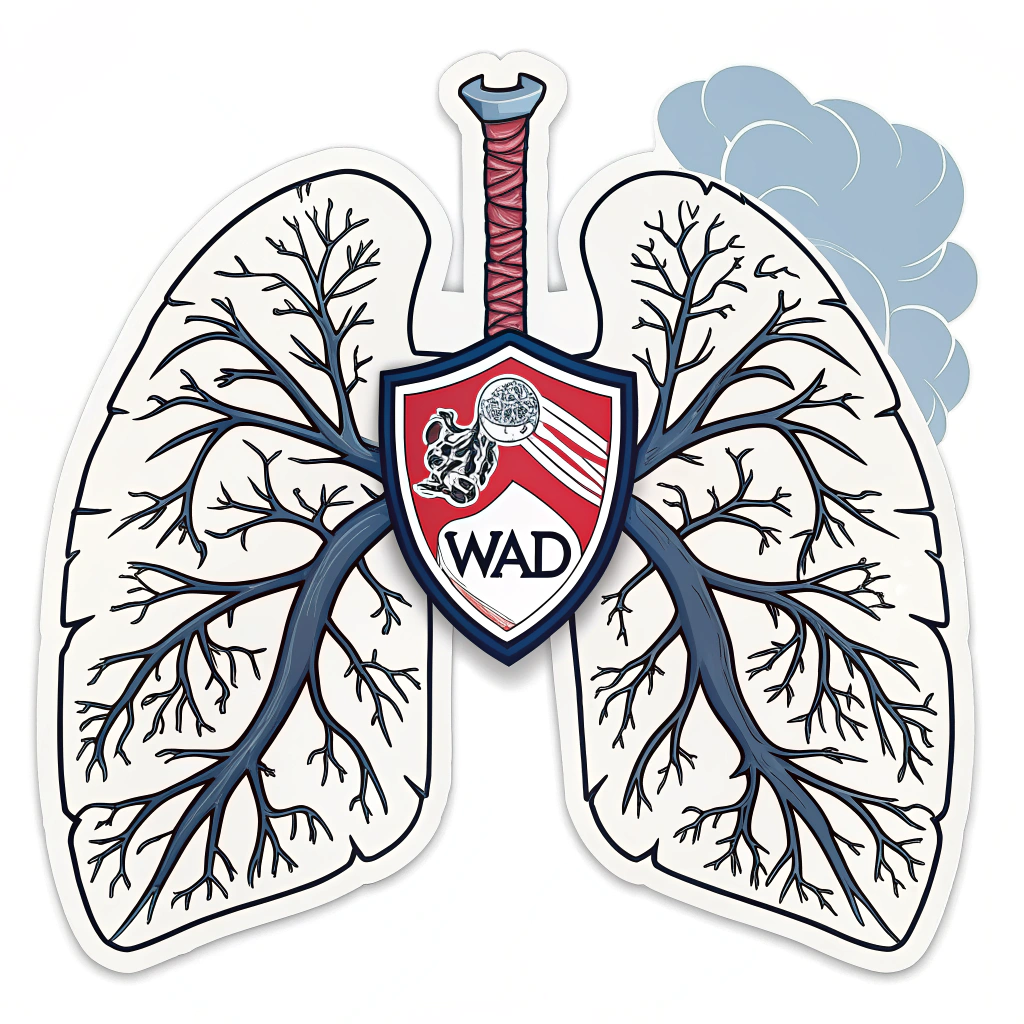 Shielded Lungs Empowerment Sticker: A design featuring stylized lungs, one subtly shadowed to represent asthma, being protected by a warrior's shield. The shield could integrate an inhaler symbol or 'WAD' (World Asthma Day) initials, symbolizing the fight and protection against asthma.