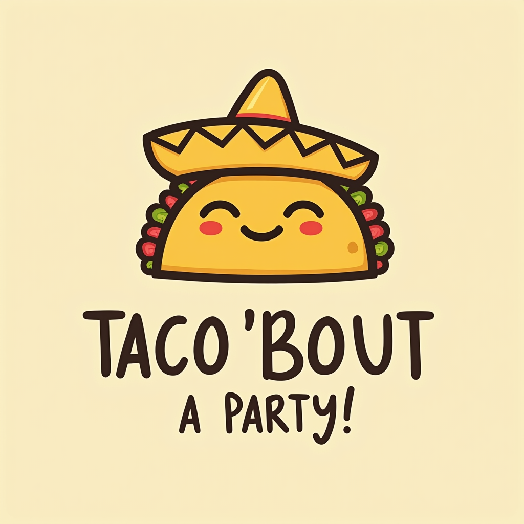 A simple, iconic design: A minimalist smiling taco graphic wearing a small sombrero or party hat. Below it, the text 'Taco 'Bout a Party!' is displayed in a clean, fun, and slightly rustic font, suitable as a distinct logo-like element.