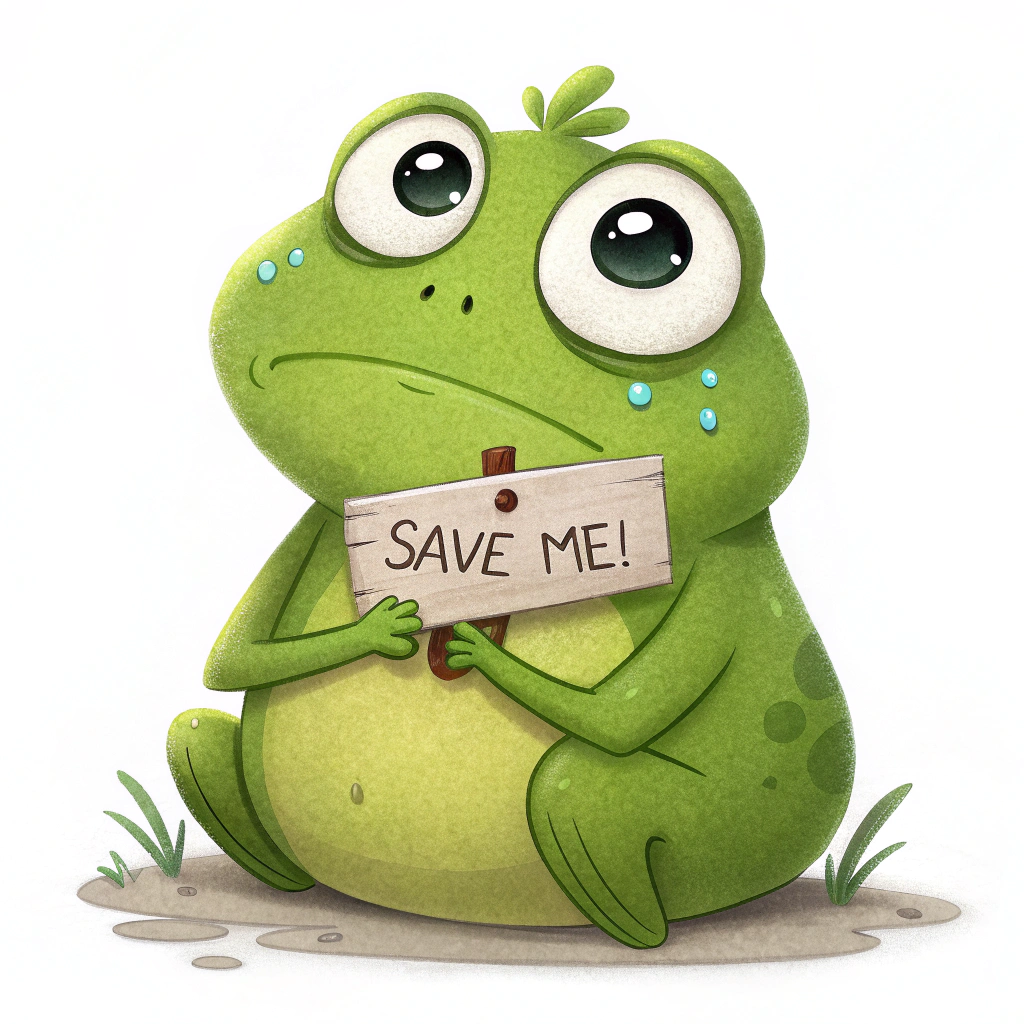 A bright green, chubby cartoon frog with large, teary eyes, sitting and holding a small, slightly crooked cardboard sign that reads 'Save Me!'.