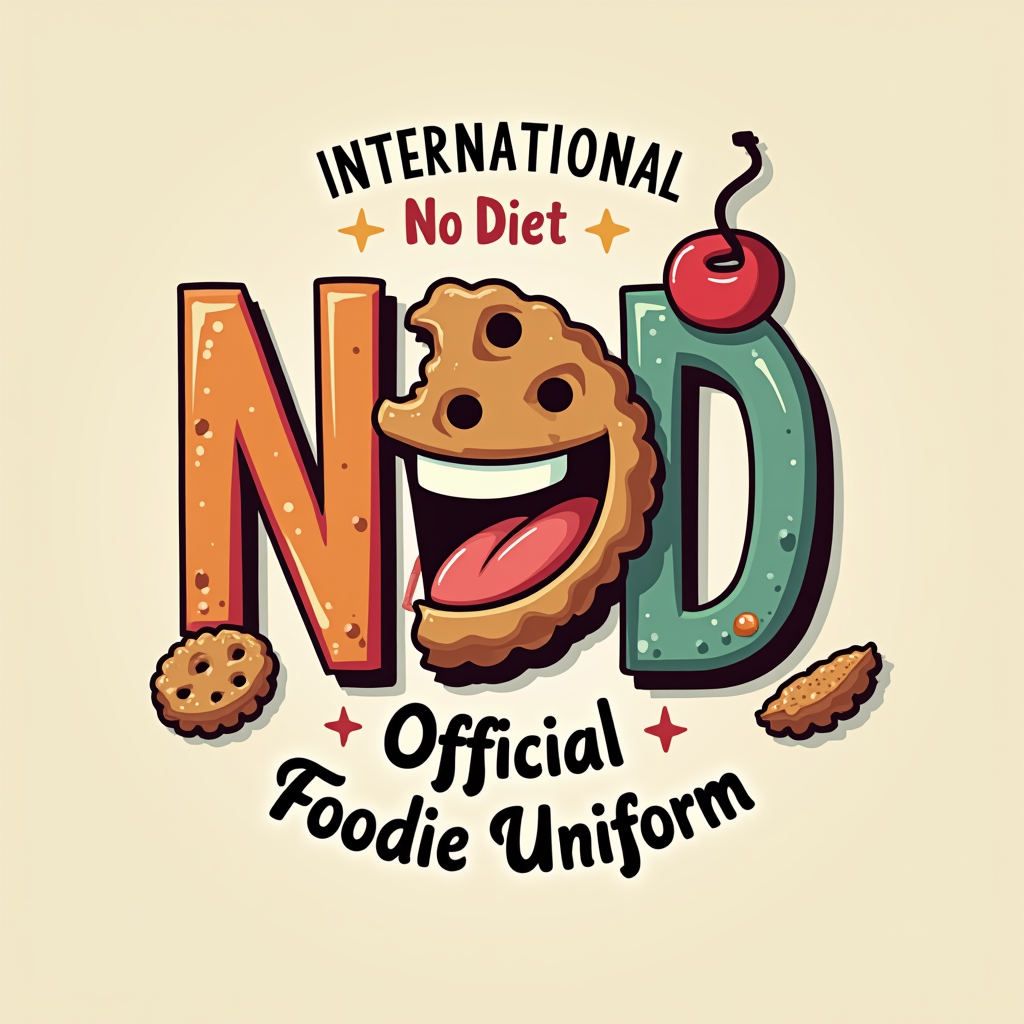 Logo Idea: For 'International No Diet Day', a logo featuring the letters 'NDD' where one of the 'D's is stylized as a smiling mouth taking a bite, or a food item like a cookie. 'Official Foodie Uniform' could be a tagline beneath.