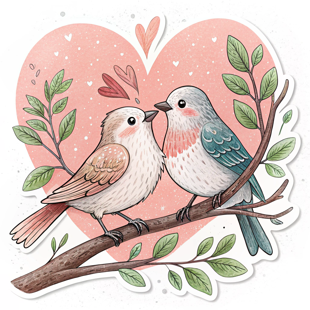 Two birds exchanging a kiss with a heart background.