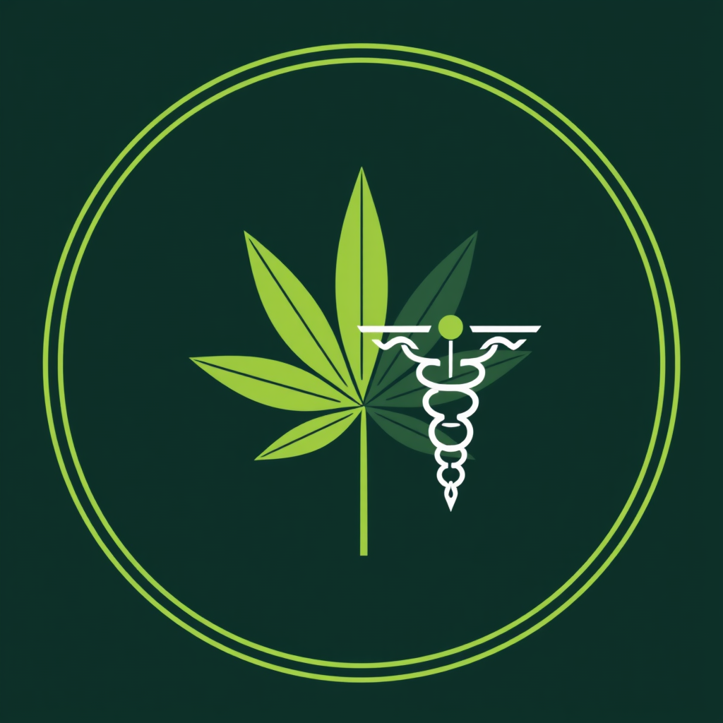Dual-symbol emblem: A shield or circular badge, geometrically divided, featuring a stylized geometric cannabis leaf on one side and a minimalist geometric caduceus on the other.