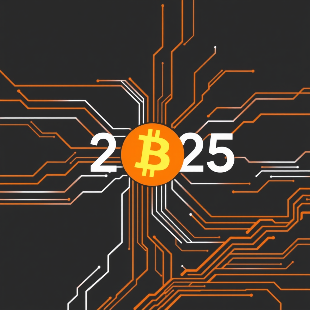 Concept 3: Abstract digital pathways or circuit board lines intertwine. Some lines converge to form the Bitcoin 'B', while other segments clearly delineate '2025'. Motion blur or light streaks could suggest speed and innovation. Style: Minimalist, with sharp lines and a limited color palette, perhaps orange, white, and dark grey.