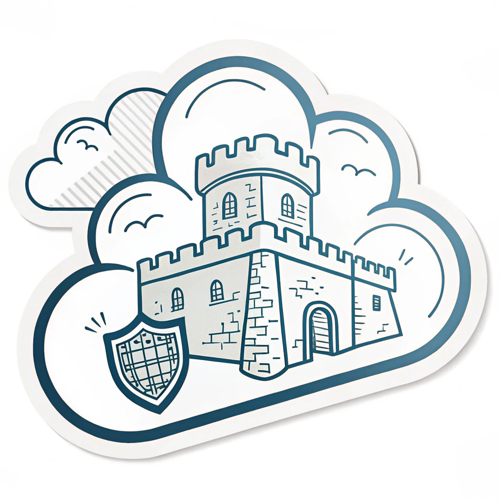 A cloud icon conceptualized as a fortress, with strong outlines and subtle crenellation details. Faint outlines of data blocks or minimalist database symbols are visible inside, denoting protected information.