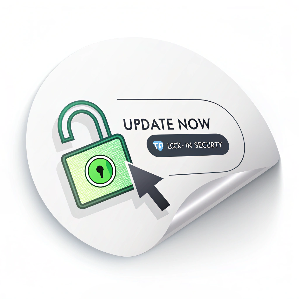 Sticker Sub-Design 4 (Lock/Key Metaphor): An open digital padlock icon next to a prominent 'Update Now' button. An arrow indicates that clicking the button transforms the open padlock into a closed, glowing green padlock. Text: 'Update Now to Lock-In Security'.