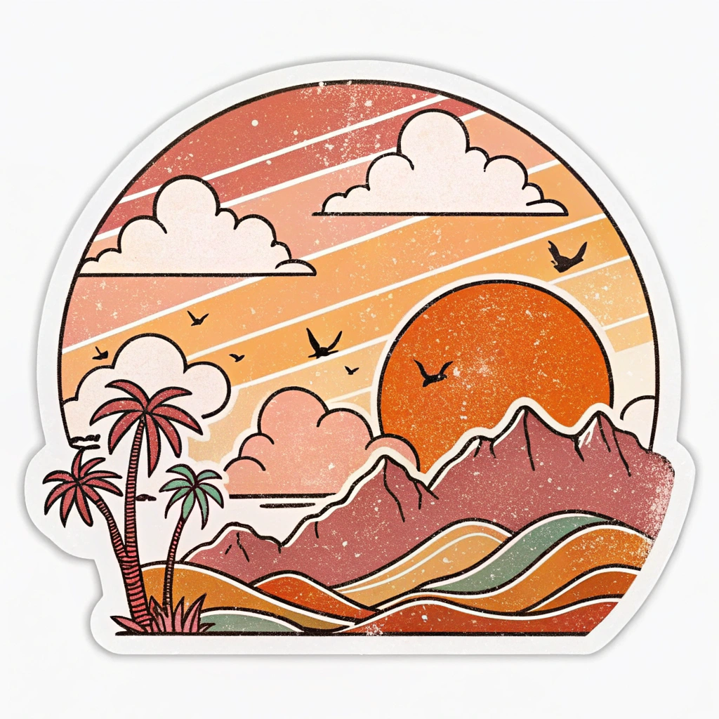 The image is a circular sticker with an illustration of a tropical landscape. The background is a gradient of orange, pink, and yellow, with a large orange sun in the center. The sun is surrounded by white clouds and there are birds flying around it. On the left side of the image, there are two palm trees and a small island with palm trees. The island is covered in pink and orange waves, and there is a mountain range in the background. The overall style of the illustration is cartoon-like and playful.