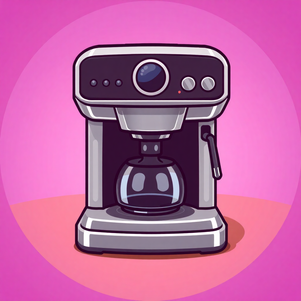 The image is an illustration of a coffee machine. It is a modern and sleek design with a silver body and a black base. The top of the machine has a control panel with various buttons and knobs for adjusting the temperature and other settings. There is a large circular button on the front panel, which is likely used to control the coffee machine's settings. Below the control panel, there is a glass carafe with a handle on the right side. The background is a gradient of pink and purple, with a pink circle in the center. The overall color scheme of the image is bright and vibrant.