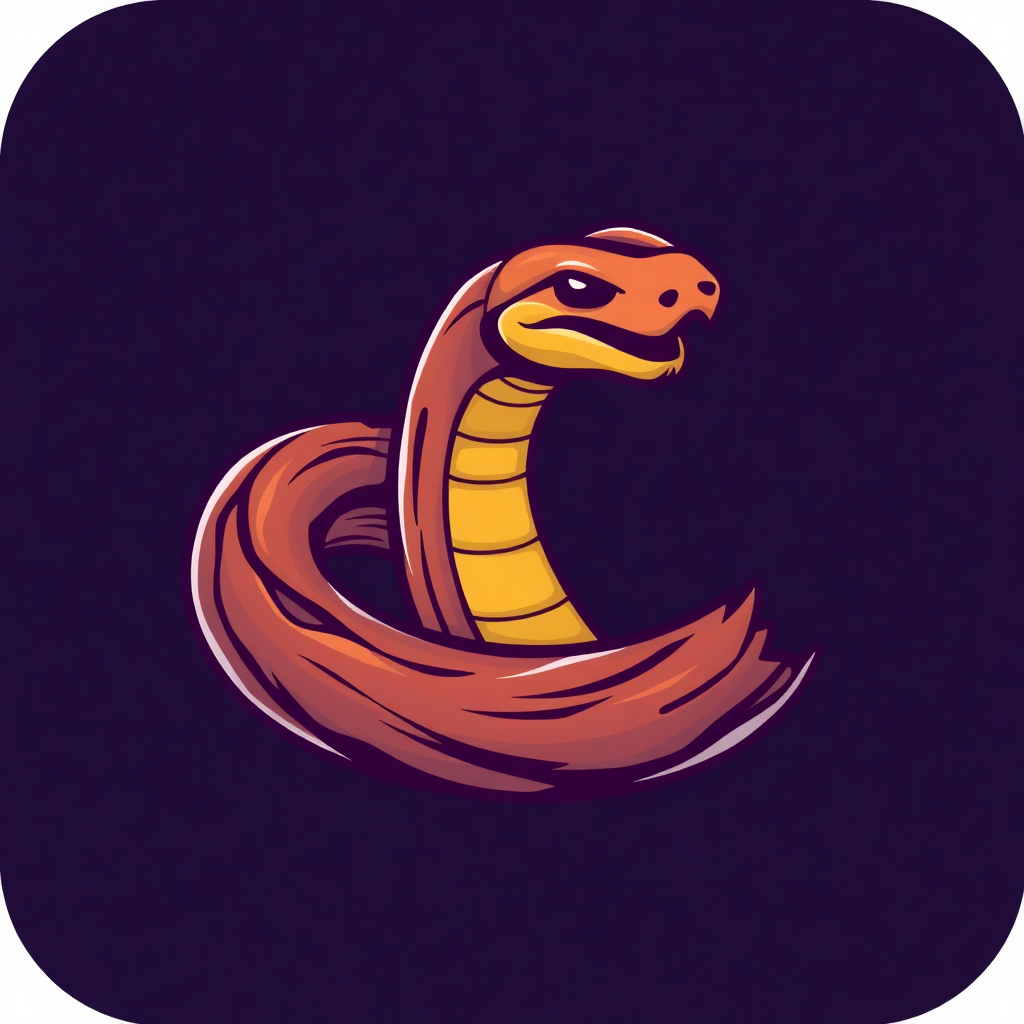 The image is a square icon with a dark blue background. In the center of the icon, there is an illustration of a snake coiled up in a spiral shape. The snake is orange and yellow in color and has a pointed snout and sharp teeth. Its body is elongated and its head is facing towards the right side of the image. The illustration has a cartoon-like quality to it.