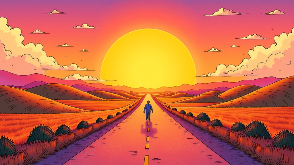 A wide landscape illustration showing rolling hills and a long, empty country road leading towards a dramatic, expansive sunset. Post Malone could be a smaller figure walking down the road, emphasizing the 'journey' aspect of 'Country Roads' and the contemplative nature of an acoustic set.