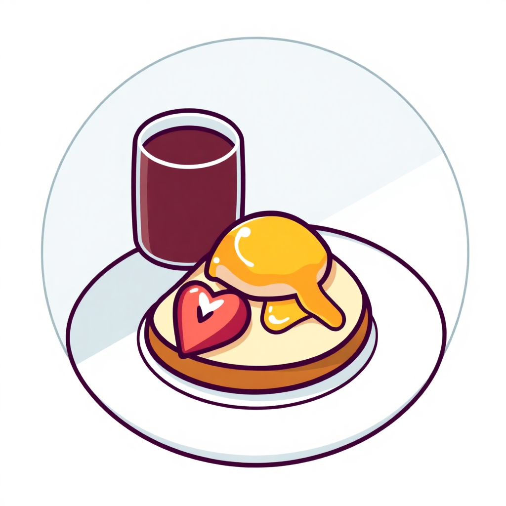 The image is an illustration of a plate with a dessert on it. The plate is white and round, and the dessert is a round cake with a golden brown crust. On top of the cake, there is a dollop of orange-colored syrup and a small red heart-shaped cookie. Next to the plate is a glass of red liquid, which appears to be a smoothie or juice. The background is white.