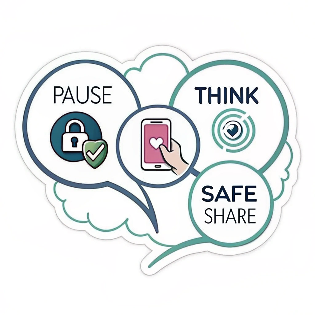 A series of interconnected thought bubbles. The first shows a piece of personal info, a second shows a 'pause' or 'think' icon, and the third shows a 'safe share' icon (e.g., a share symbol within a circle of protection). 'Share with Care' would be the overarching title.