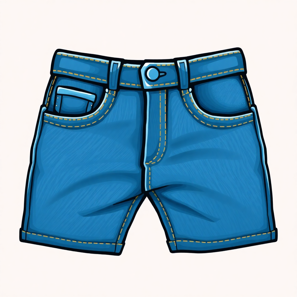 The image is a digital illustration of a pair of blue denim shorts. The shorts have a high-waisted fit and are made of a light blue denim fabric. The waistband is adjustable with a silver buckle and there are two pockets on the sides. The legs of the shorts are slightly flared and have a slight seam running down the center. The background is white, making the blue shorts stand out.