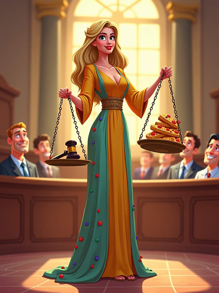 Lady Justice in a lively, colorful cartoon courtroom scene, her scales presented with a leaning tower of pizza slices and a gavel, humorously underlining everyday challenges of balance.