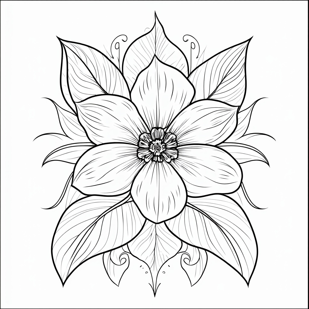 A striking single large bloom, like a detailed magnolia or a sophisticated orchid, as the central focus, surrounded by intricately drawn, flowing leaves and gentle swirls, inspired by Art Nouveau aesthetics.
