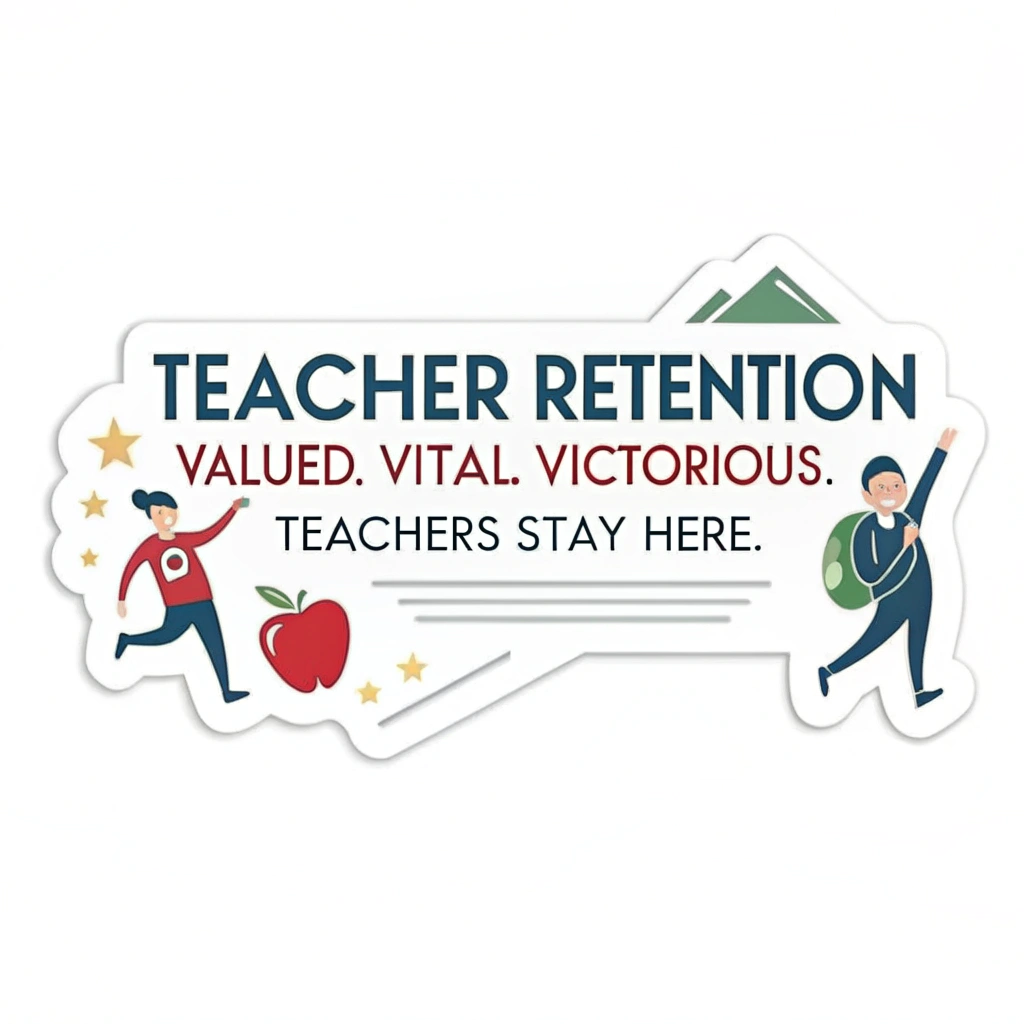 The user's text is: 'Teacher Retention Sticker Designs - Valued. Vital. Victorious. Teachers Stay Here.'