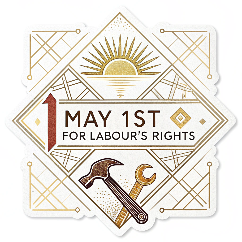 Sub-Design Idea 2 (Art Deco Elegance): Sticker featuring an Art Deco-inspired design. Incorporates geometric patterns, stylized depictions of tools (hammer, wrench) or symbols of progress (rising sun), potentially with simulated metallic gold or bronze accents. Typography would be elegant, period-specific sans-serif or serif for phrases like 'MAY 1ST - FOR LABOUR'S RIGHTS'.
