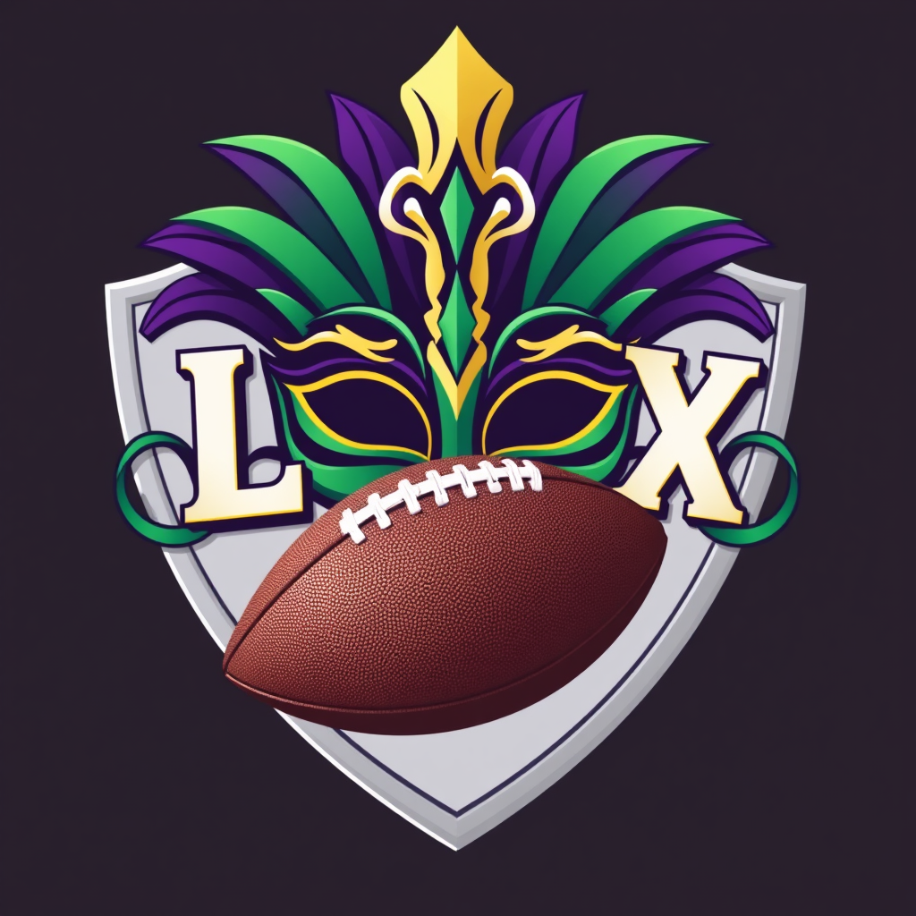 Mardi Gras Mask & Shield: A stylized Mardi Gras mask (purple, green, gold feathers/jewels) forms a shield-like backdrop. The 'LIX' numerals are prominently displayed on the mask or below it, and a classic football with detailed stitching is positioned at the forefront.