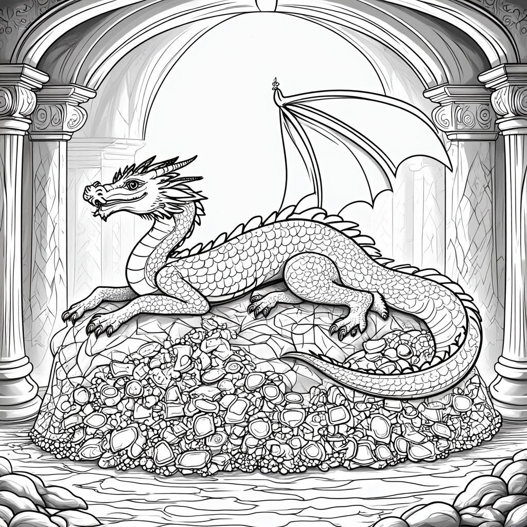 A sophisticated dragon reclining on a grand pile of ancient gold and jeweled treasures. The dragon's scales shimmer like gemstones under the torchlight of a vast, cavernous chamber filled with echoes. Its eyes sparkle with wisdom, reflecting centuries of lost tales.