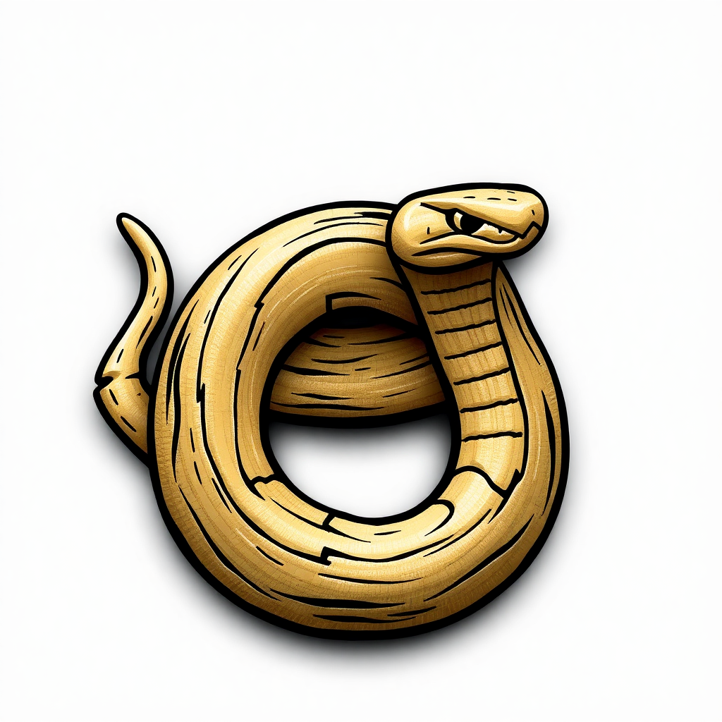 The image is a digital illustration of a snake. The snake is coiled up in a circular shape, with its body facing towards the right side of the image. Its head is turned slightly to the left, and its tongue is flicking out as if it is tasting the air. The body of the snake is a light brown color, with darker brown stripes running along its length. The background is white, making the snake stand out. The overall style of the illustration is simple and cartoon-like.