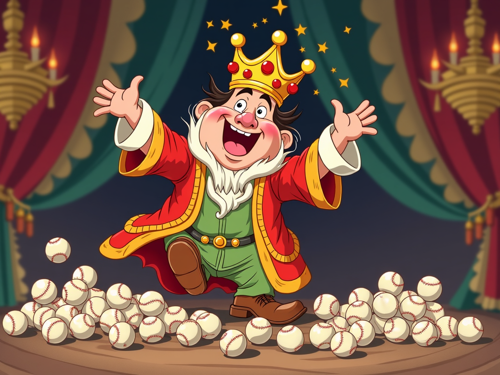 Sultan of Slapstick: Babe Ruth attempts a regal pose in his elaborate Sultan outfit but comically trips over his own voluminous robes onto a pile of baseballs, his crown flying off mid-air with a surprised but good-natured expression.