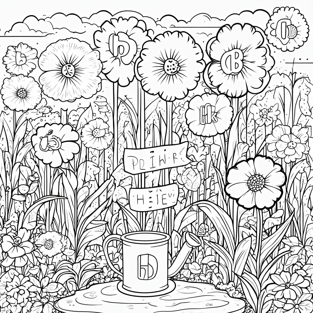 The Energy Burst Garden: Design a page showing fantastical plants where flowers bloom not as continuous petals, but as distinct, vibrant bursts of energy. Each burst can be a different color and shape. A small, stylized 'h' (Planck's constant) could be hidden among the plants or as a pattern on a watering can, symbolizing its role in these energy quanta.
