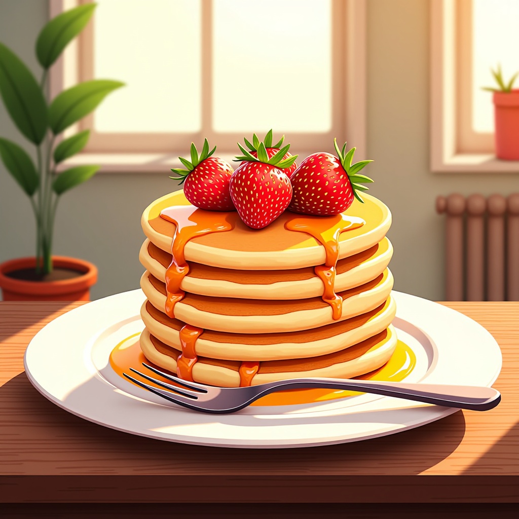  a stack of pancakes on a white plate with a fork on the side. The pancakes are golden brown and appear to be freshly made. On top of the stack, there are three fresh strawberries with green leaves. The syrup is dripping down the sides of the pancakes. The plate is sitting on a wooden table in front of a window with a potted plant in the background. The overall color scheme of the image is warm and inviting.