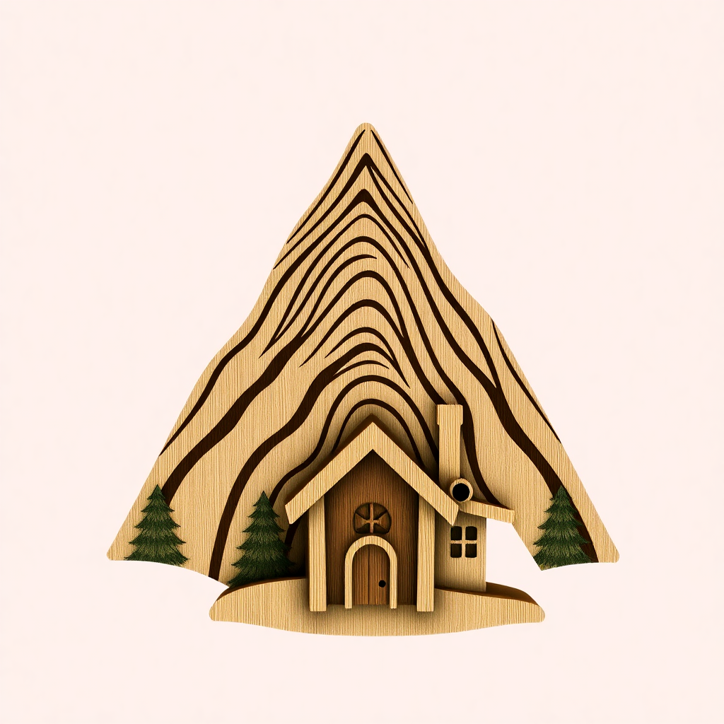 A vertical design where the mountain peak is represented by stacked natural wood textures, and the cozy cottage is a small, intricately carved wooden house at the base.