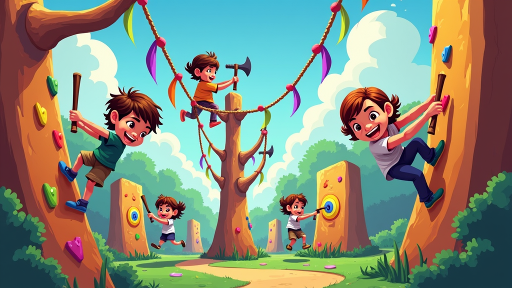 A whimsical obstacle course including climbing walls, rope bridges, and target practice with cartoonish axes and spears.