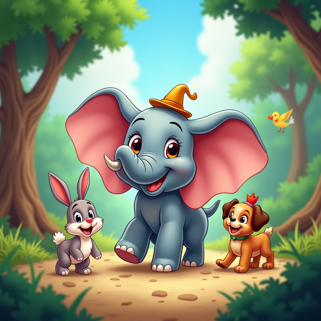 A playful elephant with little tusks, wearing a tiny hat, surrounded by a group of equally adorable animal friends.