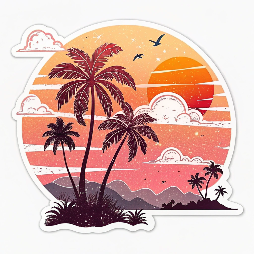 The image is a circular sticker with a colorful illustration of a tropical scene. The background is a gradient of orange, pink, and yellow, with a large orange sun in the center. The sun is surrounded by white clouds and a few birds flying in the sky. In the foreground, there are three palm trees with long fronds, standing on a small island with palm trees and bushes. The island is covered in green grass and there are mountains in the background. The overall style of the illustration is reminiscent of a sunset or sunrise.