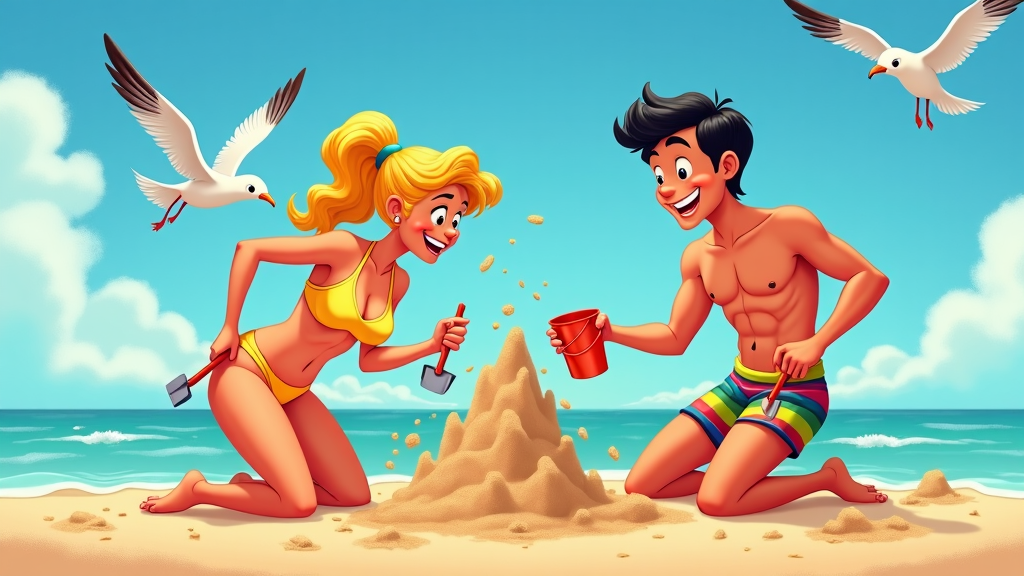 A cartoon couple building a sandcastle on a sunny beach, each holding a shovel and bucket while seagulls circle overhead.