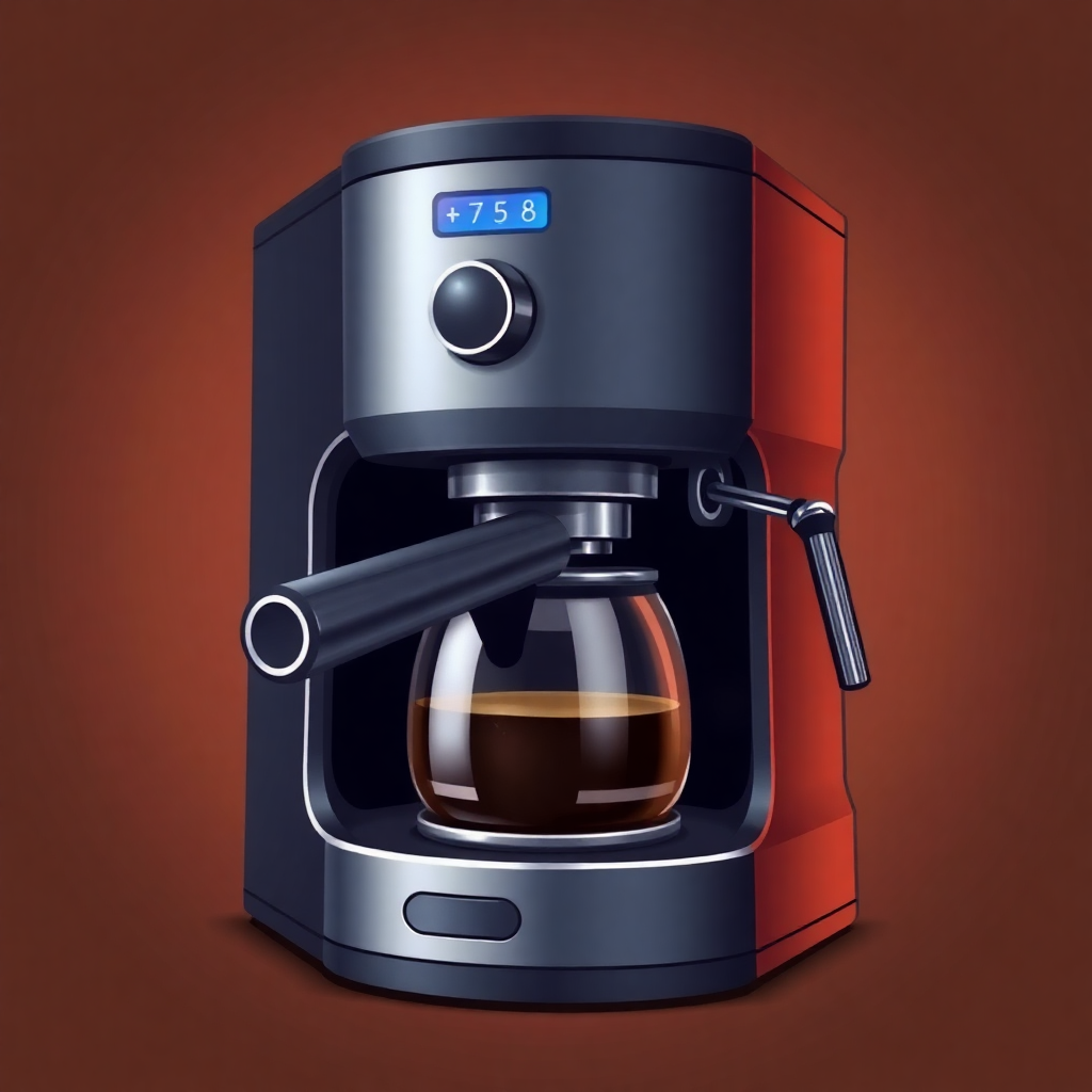 The image is a digital illustration of a coffee machine. The machine is red and black in color and has a sleek and modern design. It has a large control panel on the front with a digital display that shows the time as 7:58. On the right side of the machine, there is a glass carafe with a black handle and a black plunger. The carafe is filled with a dark liquid, which appears to be freshly brewed coffee. The background is a solid orange color, making the machine stand out.