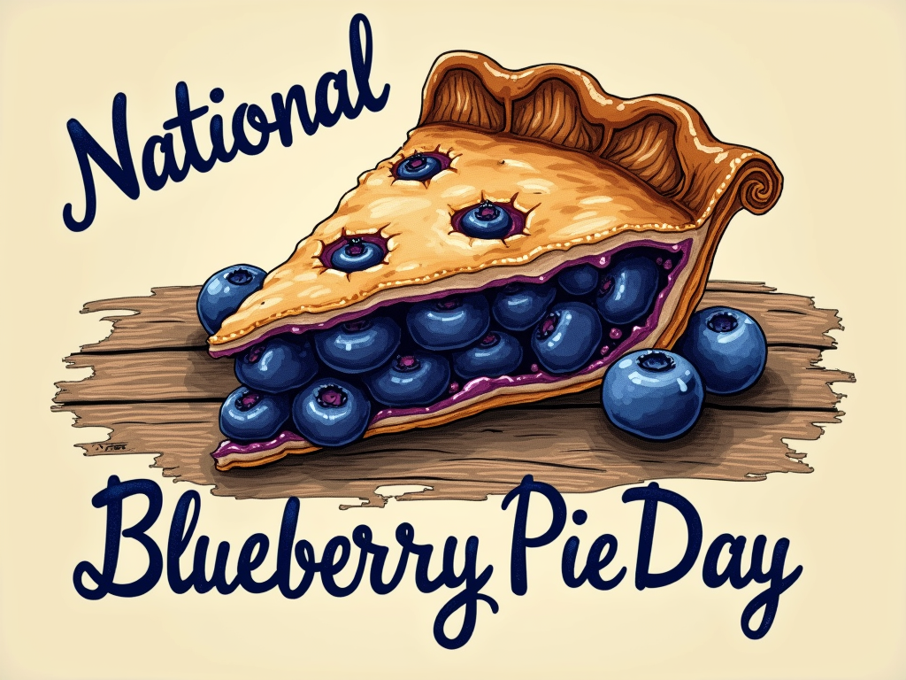 A detailed vintage illustration of a single slice of blueberry pie, slightly distressed, with 'National Blueberry Pie Day' written below in a classic, slightly worn script font.
