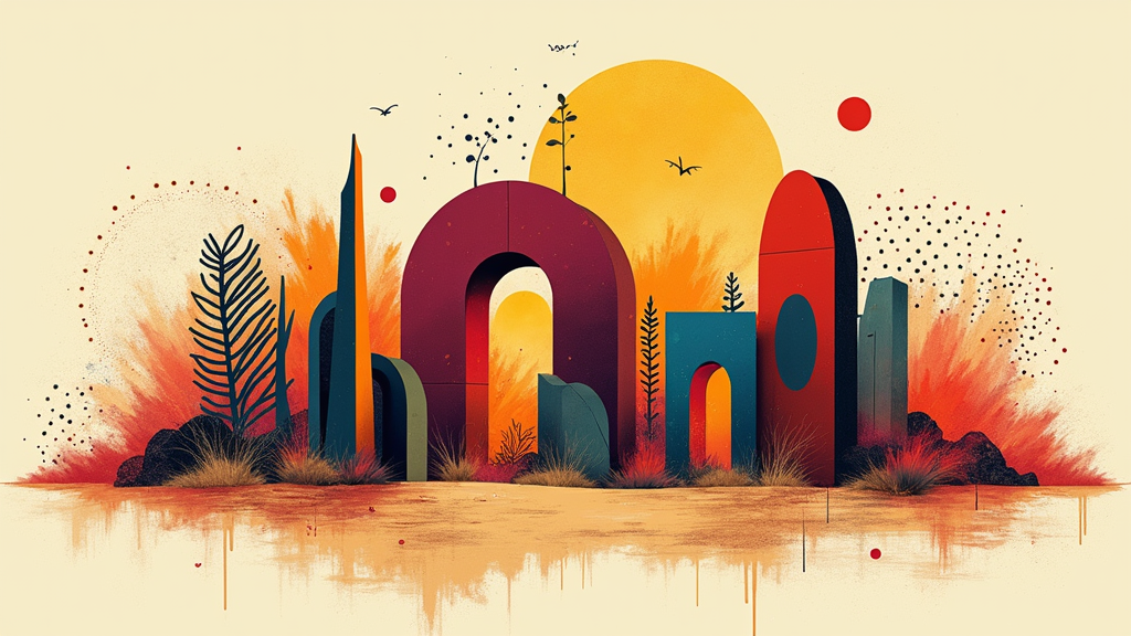 Geometric Dust & Art: An abstract design using bold geometric shapes to represent famous playa art structures. These structures are shown emerging from or being enveloped by stylized dust clouds made of lines, dots, or fractal patterns. The color palette would mix earthy tones for dust with vibrant, contrasting colors for the art elements.