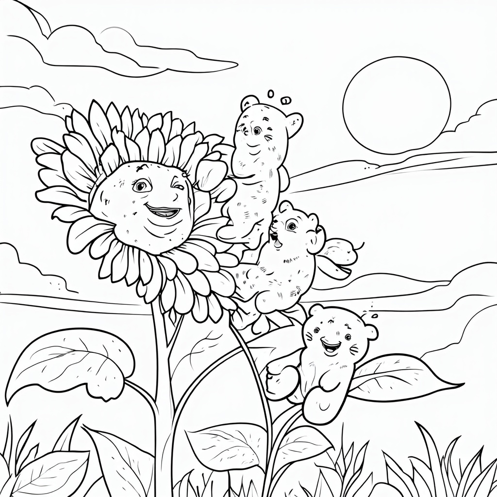 A coloring page showing gummy bears carefully climbing a tall sunflower, reaching for the sky with wonder in their eyes.