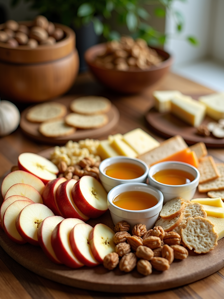 A charcuterie board featuring apple slices as a centerpiece, surrounded by small ramekins of honey, a bowl of whole walnuts, and possibly complementary items like cheese and crackers. This provides a delightful experience and promotes shared snacking.