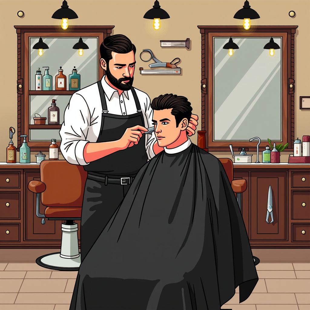  a barber cutting a young man's hair in a barbershop. The barber is standing behind the barber, holding a pair of scissors and a comb. The young man is sitting in a chair with a black cape draped over his shoulders. He is looking down at the barbers with a serious expression on his face. In the background, there is a large mirror and various barber tools and supplies on the countertop. The room is decorated with hanging light fixtures and a tiled floor.