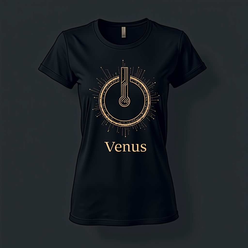 Minimalist design showcasing the Venus symbol (♀) where its circular top is reimagined as a power button icon, a segment of a circuit board, or contains a simple, elegant coding bracket pair like '< >'. The slogan is positioned cleanly below the symbol.